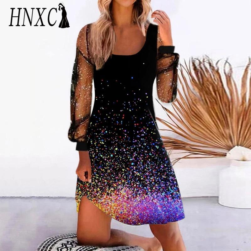 

HNXC Женская мода Весна Осень Однотонный принт Длинный рукав U-образный вырез Высокая талия Повседневные платья XXXL