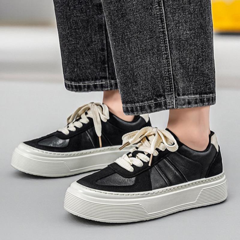 Men Leather German Trainers, Platform Height Increasing Chunky Sole Casual Skate Board Shoes