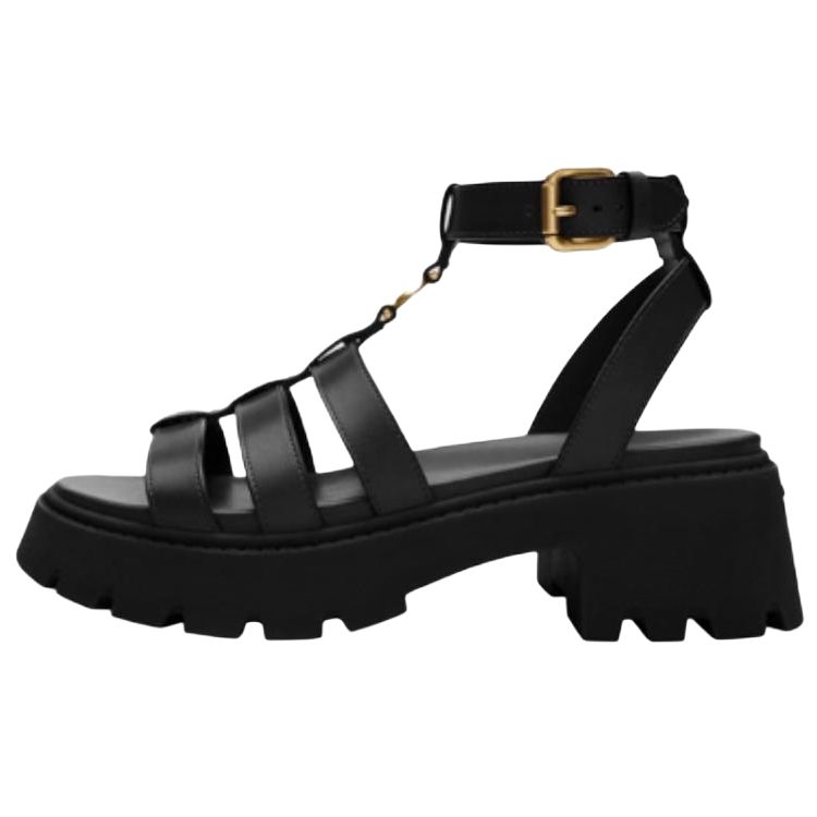 Coach Leather 3D C Logo Thick Sole Open Toe Buckle Comfortable Design Roman Sandals Women sandals Black CAR70-BLK