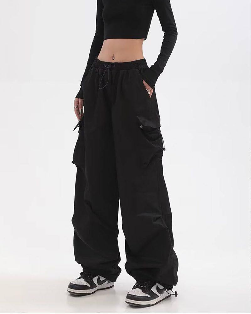 Cargo Wide Plain Large [MTUIOY] Pants, Women's, Pants, Casual, Stylish, Thin, Pants, Loose, Size, 4-Black-M