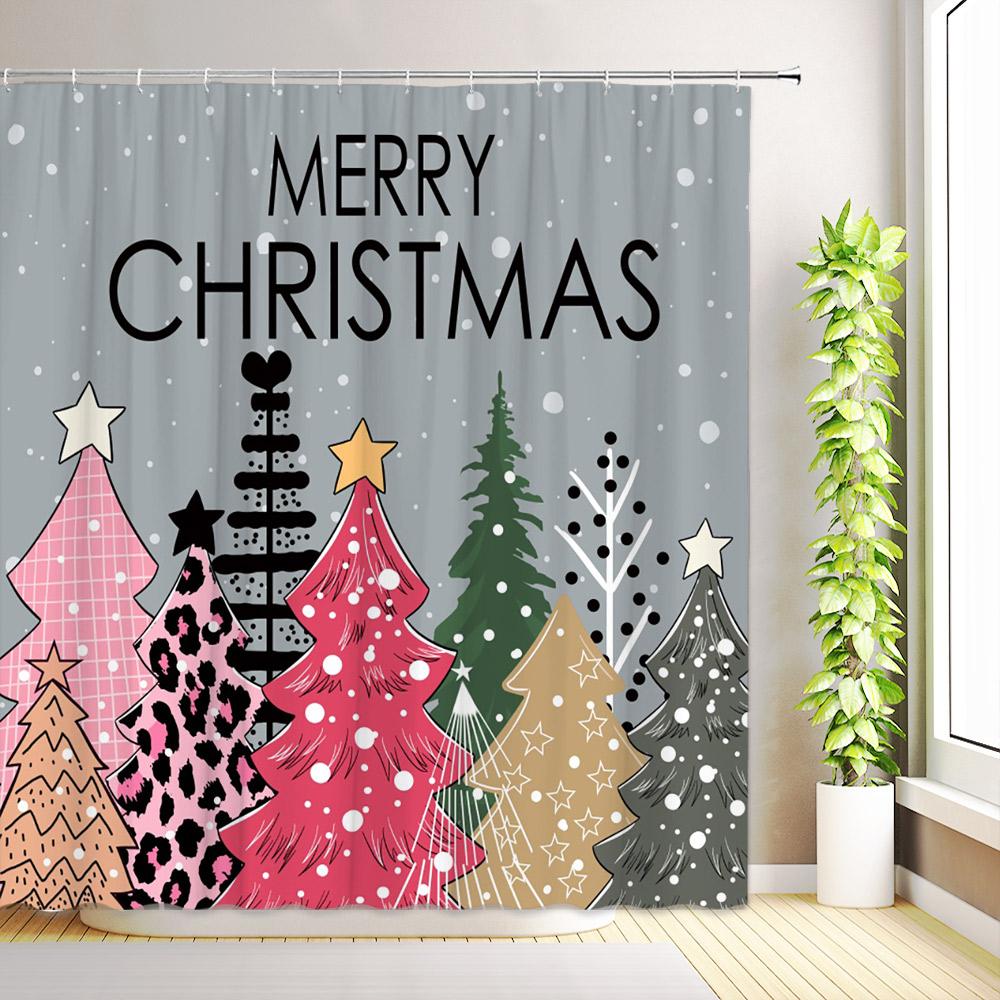 Christmas Shower Curtain Buffalo Plaid Xmas Tree Winter Snowflake Reindeer Nature Forest Cedar New Year Bathroom Decor with Hook