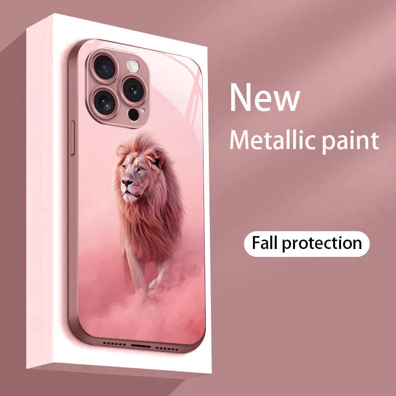 Lion Fashion Pattern Metallic Paint Glass Phone Case Suitable for iPhone 17 16 15 14 13 12 11 Pro Max Plus Anti Shock Back Cover