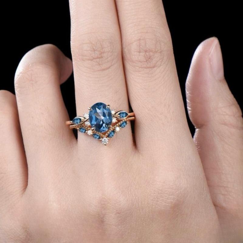 Self-developed New Gold-plated Inlaid Blue Zircon Pair Ring European and American Fashion Wedding Ring Colored Diamond Jewelry