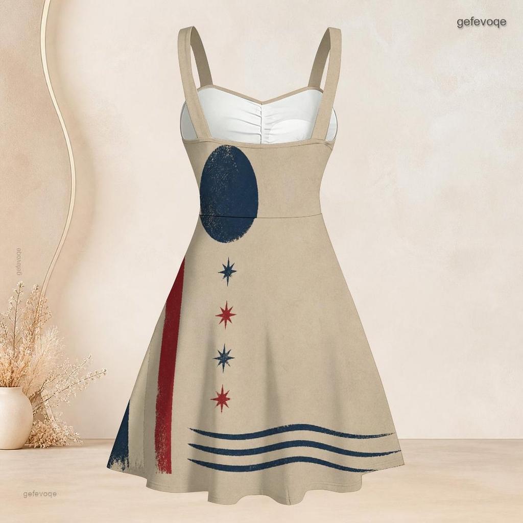 Women Plus Size Off Shoulder Strappy Sleeveless Vintage American Flag Printed Fitted Waist Flared Dress