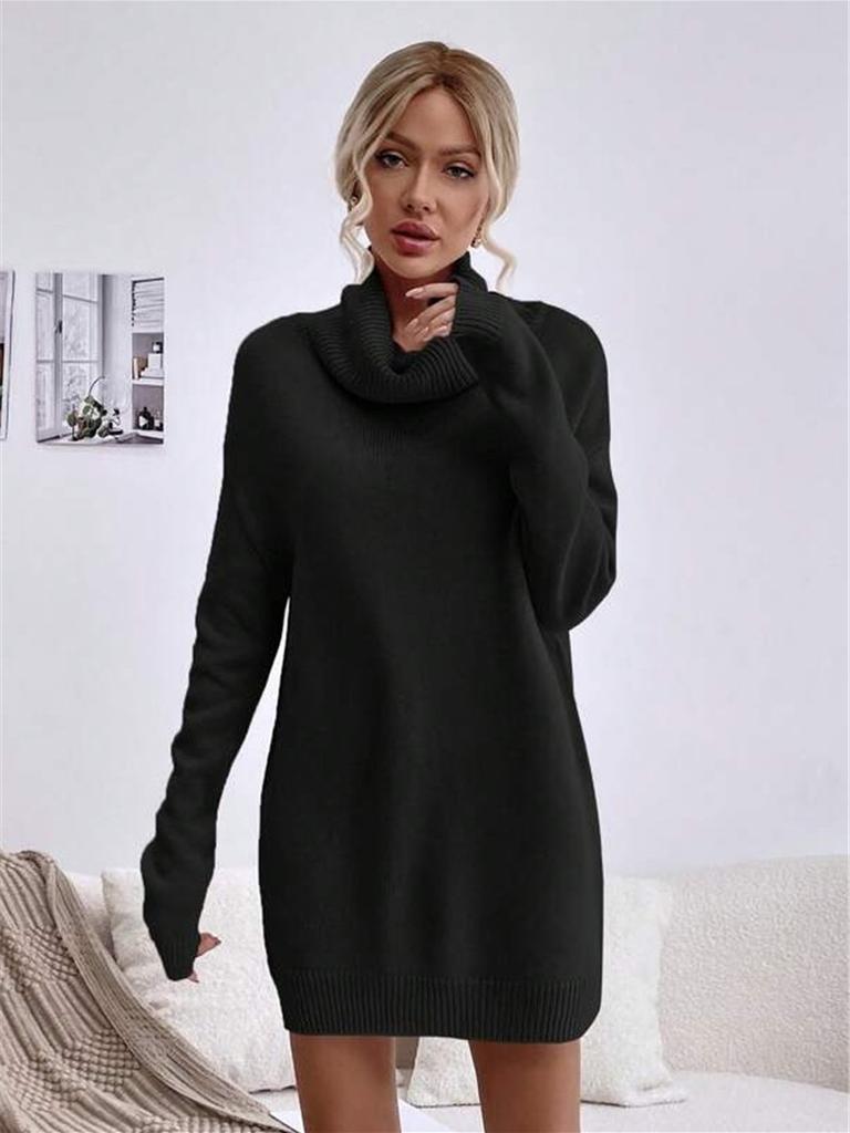 Autumn Winter New Solid Loose High Neck Knit Sweater Dress