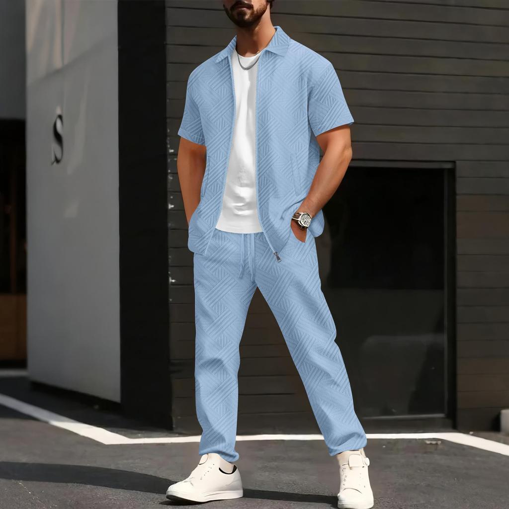 Conjunto Masculino de Jaqueta de Manga Curta e Calça com Estampa Geométrica e Camiseta Branca, Roupa Casual Streetwear