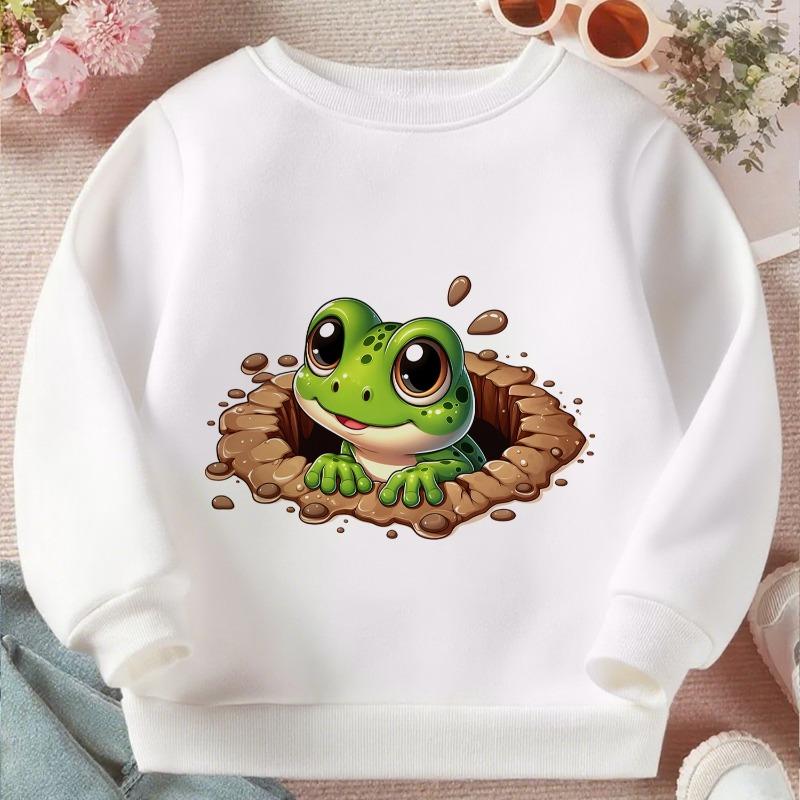 Kids Crewneck Sweatshirt, Cute Green Frog Peeking Out of Muddy Pond Graphic Print