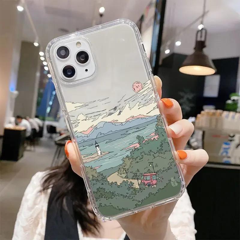 

Japan Style Anime Scenery Phone Case For iPhone 16 15 12 13 11 14 Pro Max Mini SE 7 8 Plus Clear Silicone Shockproof Fundas Bags iPhone 16