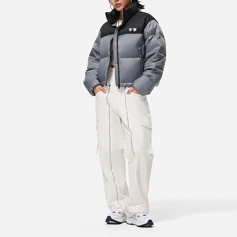 Li-Ning Color Block Water Resistant Loose Short Down Jacket Women Outerwear Gray AYMT318-5