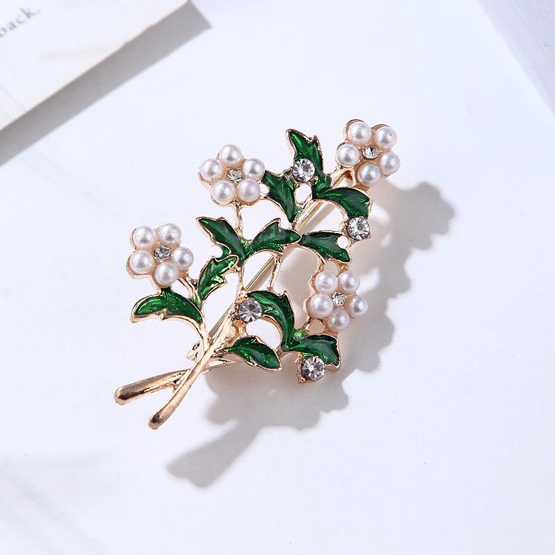 Vintage Green Leaf Brooch With Pearl And Rhinestone For Women Fashion Accessory