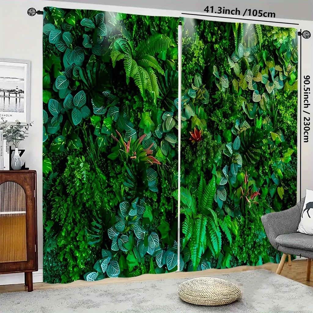2 szt. - Zasłony z nadrukiem wzoru zielonych liści, tunel na karnisz, dekoracja domu, dekoracja pokoju