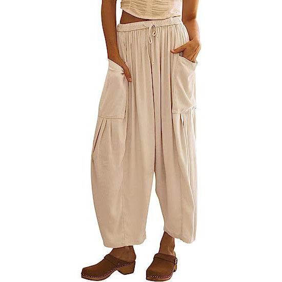 Women's Elastic Waist Pleated High Waisted Wide Leg Pants Loose Casual Cotton and Linen Pants