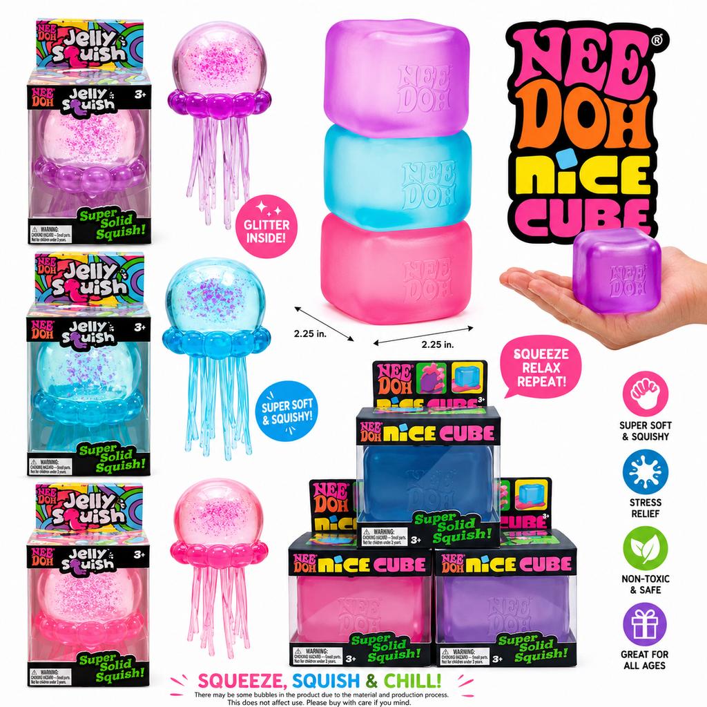 Needoh Sensory Squishy Toy, Jellyfish & Cube Squish Soft Gel Stress Relief Toy