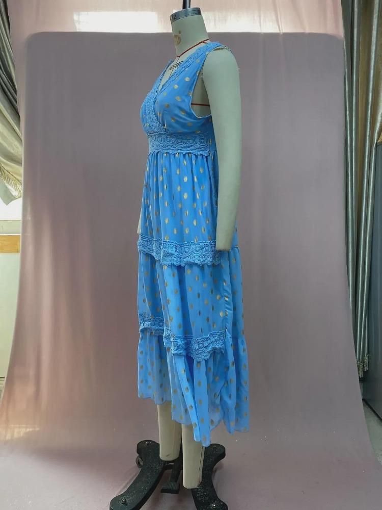 Women's Summer Chiffon Midi Dress Deep V Neck Sleeveless