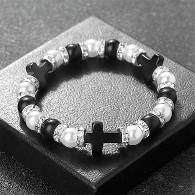 8mm Natural Pine Stone Bracelet Crystal Rhinestone Pearl Beads Bangle Adjustable Charm Jewelry with Cross Pendant Gift for Women