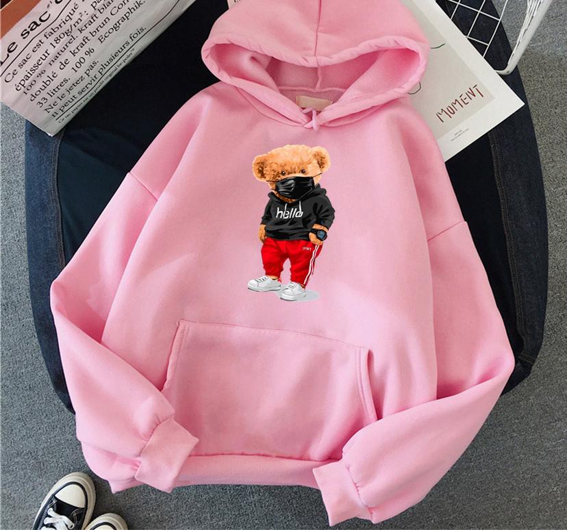 Hip Hop Women Hoodies cartoon Bear Print Fleece  Autumn Woman Casual Pullover Harajuku Streetwear Male Hoody Clothes Tops Unisex