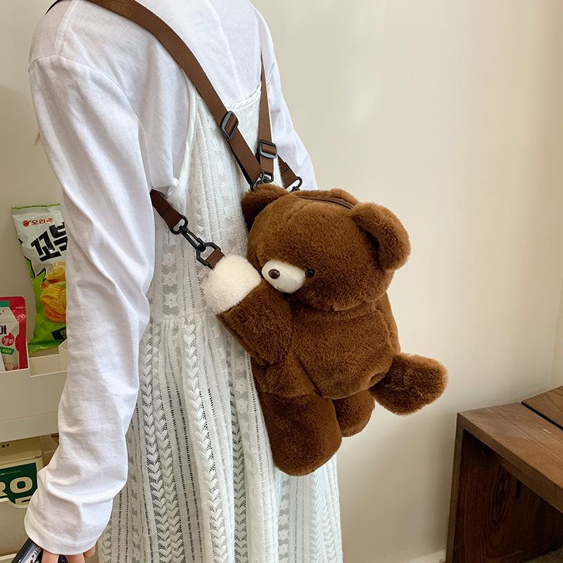Cute Bear Lying Down Doll Bag Plush Shoulder Doll Bag Soft Girl Cartoon Animal Messenger Change Storage Bag