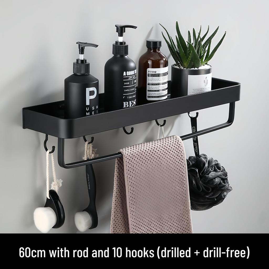 Black Space-Saving Aluminum Wall Shelf & Towel Rack - No Drilling Needed