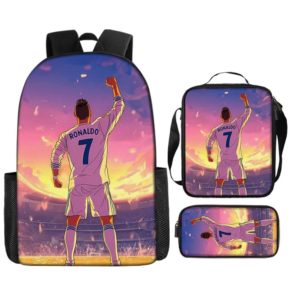 Cristiano Ronaldo Print Kids Backpack Set 3-Piece Cartoon Schoolbag for Primary Students Lightweight Durable Large Capacity Backpack