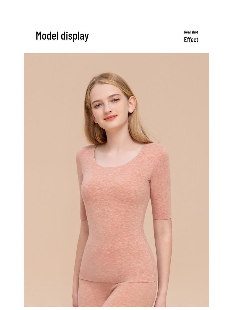 Women's Wool Silk Mid-Sleeve Fleece-Lined Top - Warm Autumn Base Layer