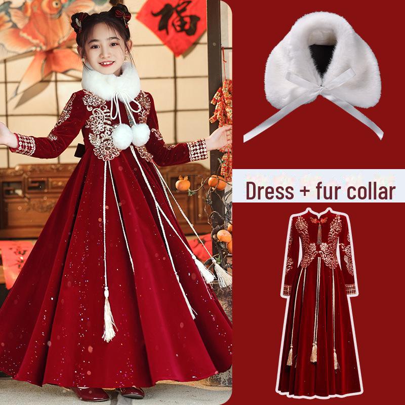 

Платье принцессы ханьфу из бархата: Осенне-зимний наряд для празднования Нового года в китайском стиле для девочек 170 cm