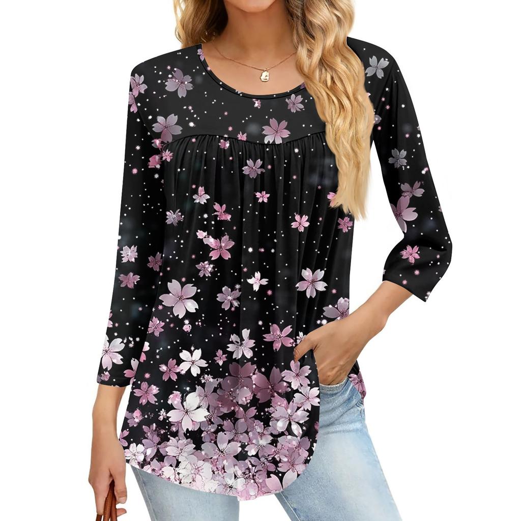 Damenmode Lässiges Dreiviertelarm-Oberteil mit Aufdruck und Rundhalsausschnitt