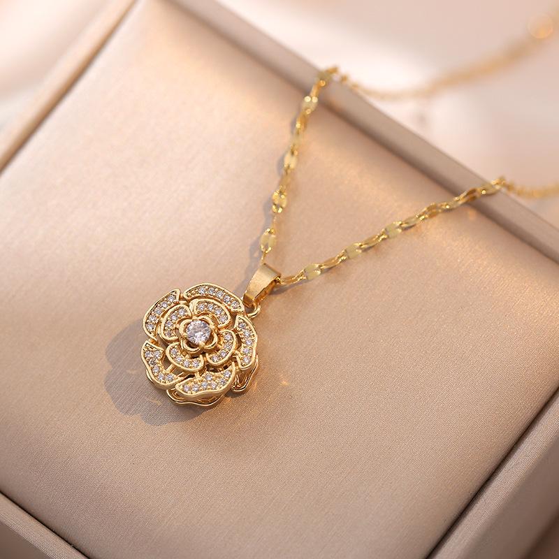 Camellia Zirconia Flower Pendant Necklace - Elegant Rotating Titanium Steel Design for Women