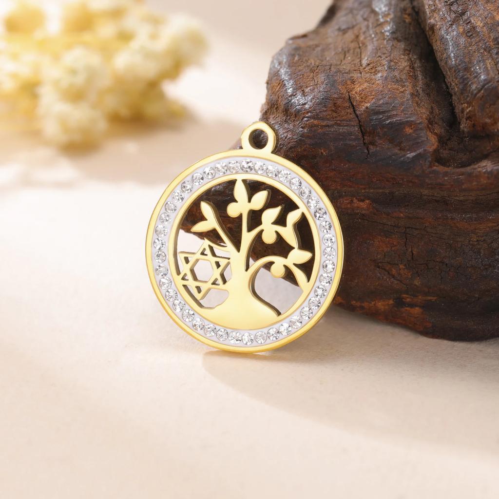 Xiaomi 3pcs/lot Amulet Tree of Life Round Clear Zircon Pendant Stainless Steel Gold Color Charms for Necklace Earring Jewelry Making