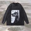 Trendy Brand American High Street Retro Doberman Direct Injection Printing Washed Long-Sleeved T-Shirt Men'S Loose Vintage Top
