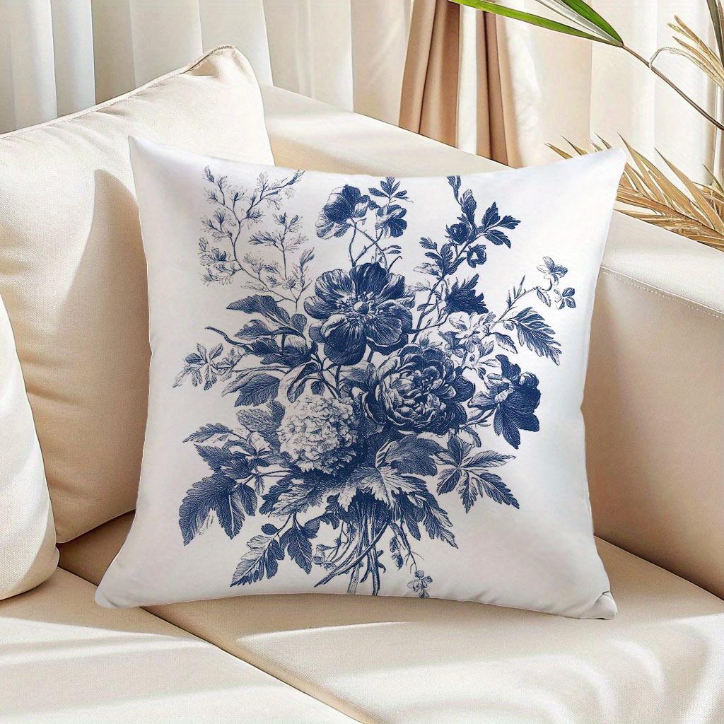 4 Fundas De Almohada Con Estampado Botnico Bohemio, 18.0 X 18.0 In, Diseño Floral Y De Mariposa Azul Y Blanco, Polister De
