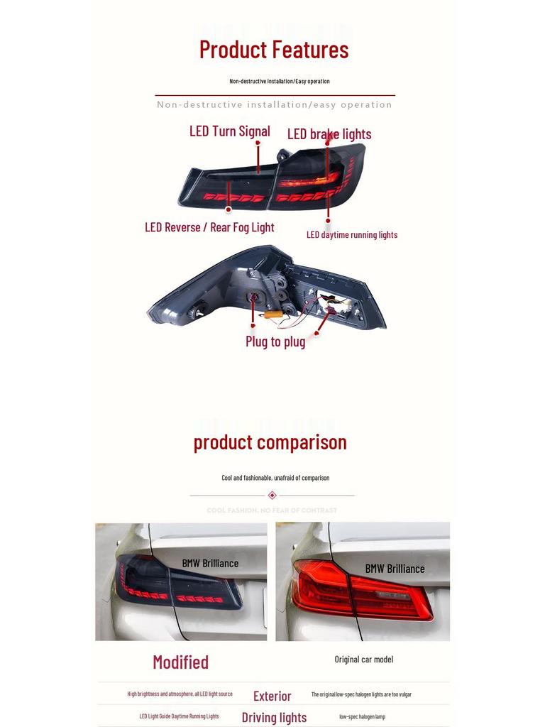 18-20 BMW 5 Series G30/G38 LED Tail Lights: Modified Dragon Scale Design with Flowing Turn Signals.