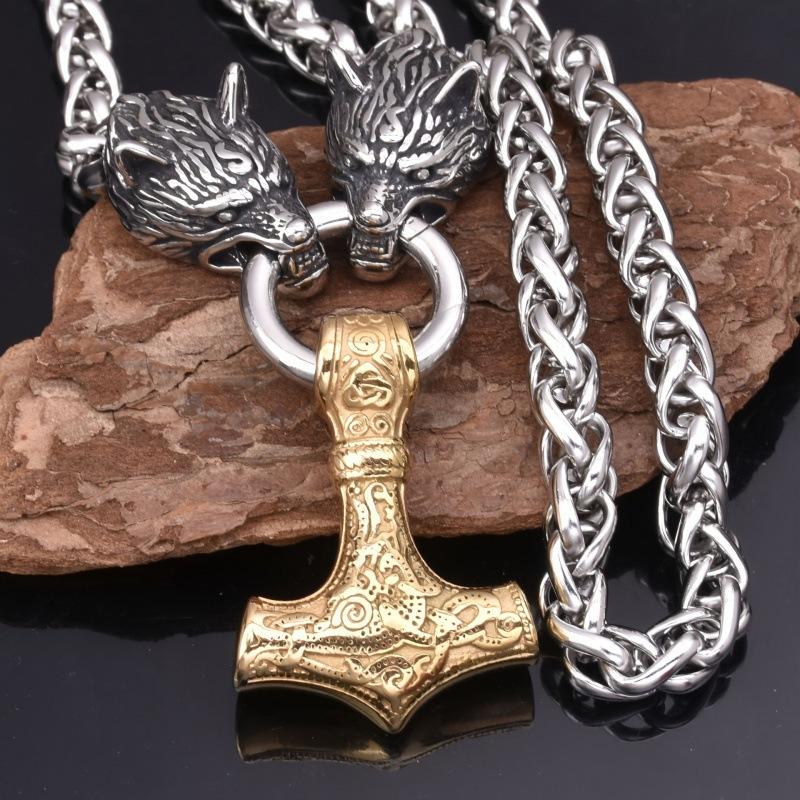 European American Viking Wolf Head Thor Hammer Pendant Necklace Men's Retro Dominance Jewelry Wholesale