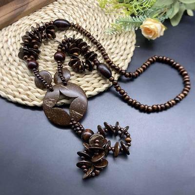 Brauner Schmuck Vintage Ethnischer Stil Holz Baumwolle und Leinen Stil Runde Perlenkette Lange Halskette KTJ