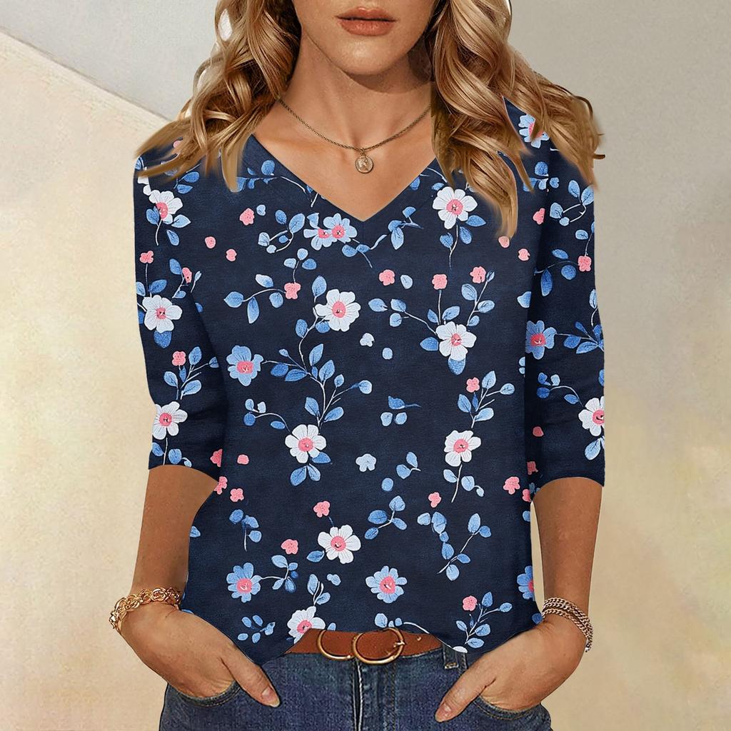 Women's Tops Three-quarter Sleeve Shirt V-neck Loose Casual Shirt Floral Printed T-shirt