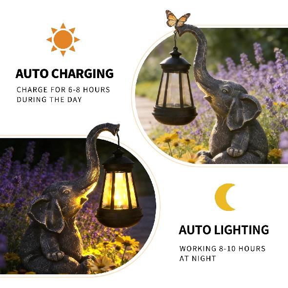 Solar Elephant Statue Outdoor Garden Decor - 10" Resin Elephant Figurine with Hanging Solar Lantern, Waterproof Patio Yard Art, Lucky Elephant Gifts