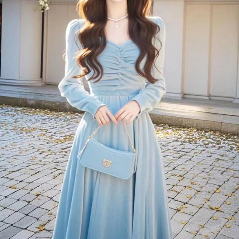 Early Autumn Luxury Temperament Long Skirt Women's Autumn High-End Blue Velvet Dress