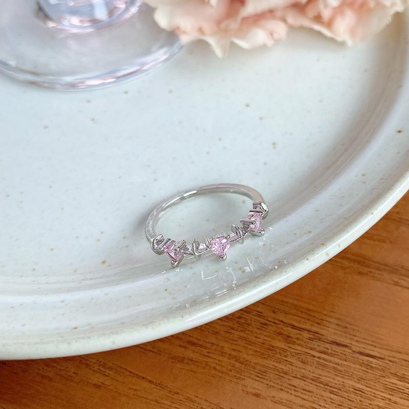 Pink zircon love ring women s light luxury niche design sense silver ring ring Japanese and Korean sweet temperament jewelry No. 7