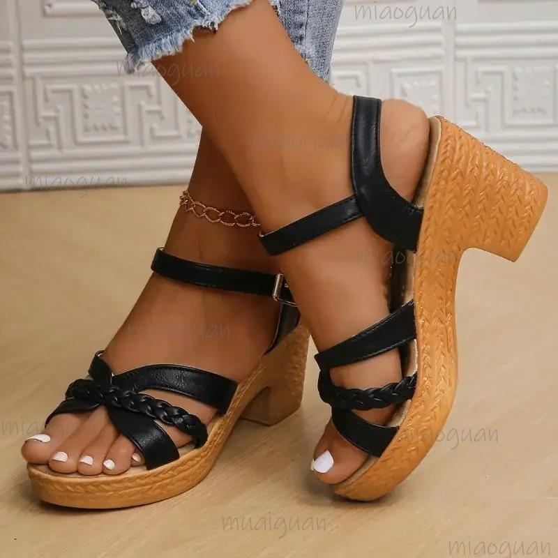 Fashion Ankle Strap High Heels Sandals Women Summer Platform Gladiator Sandalias Mujer Weaving Cross Band Chunky Heeled Sandles