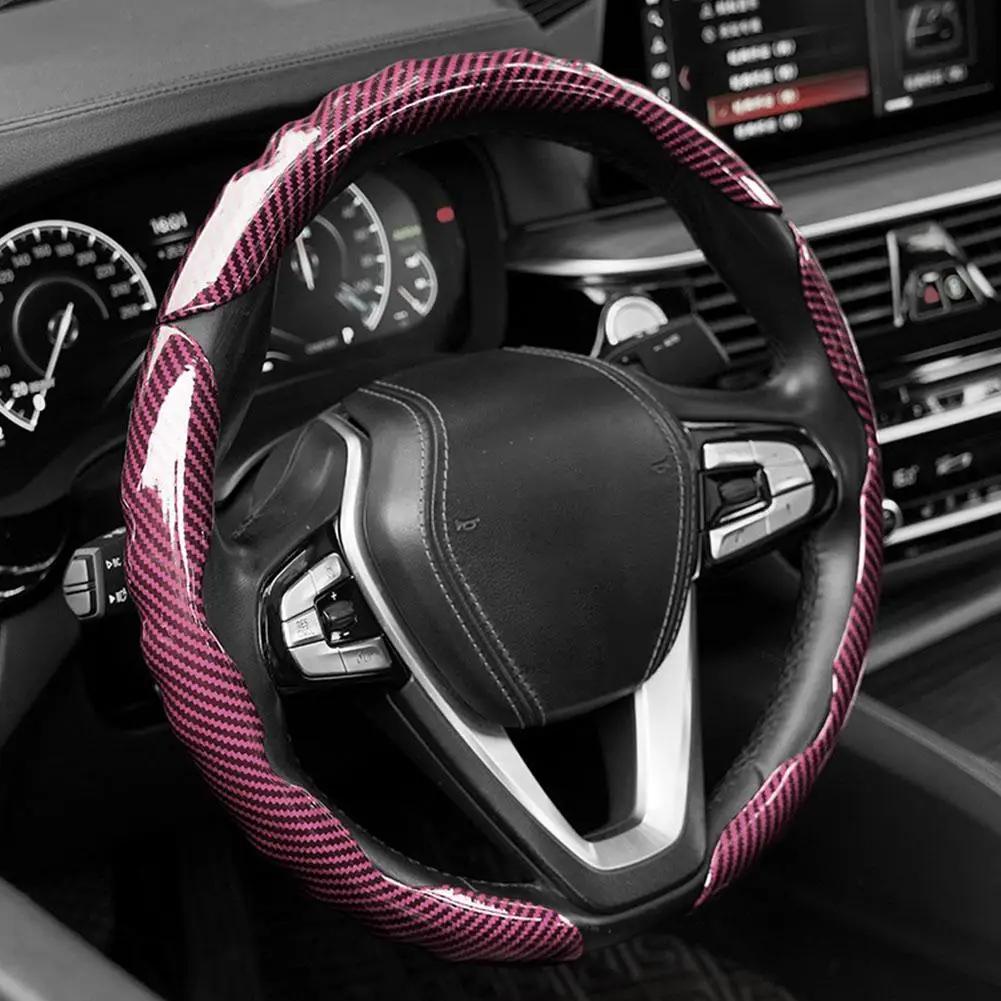 

Universal Carbon Fiber Steering Wheel Cover All-Season Ultra Grip Car Accessory Lightweight Gloss High Design Anti-Slip Thi K8X4 рожевий