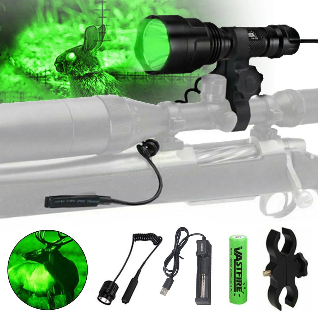 Powerful Red C8 Flashlight Tactical Green/Red/White Torch 1-Mode Predator Handheld Torch+Clip+Tail Switch+18650+Charger Set