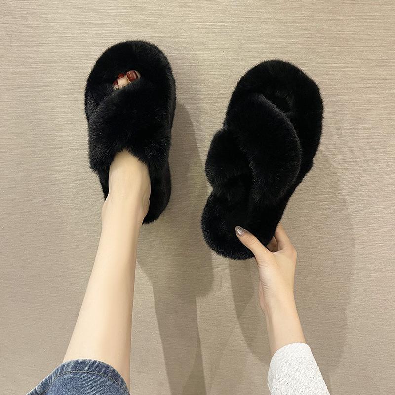 2025 Women's Open Toe Cross-Strap Fur Slippers: Autumn/Winter Fashion, Thick Sole, Height Boosting