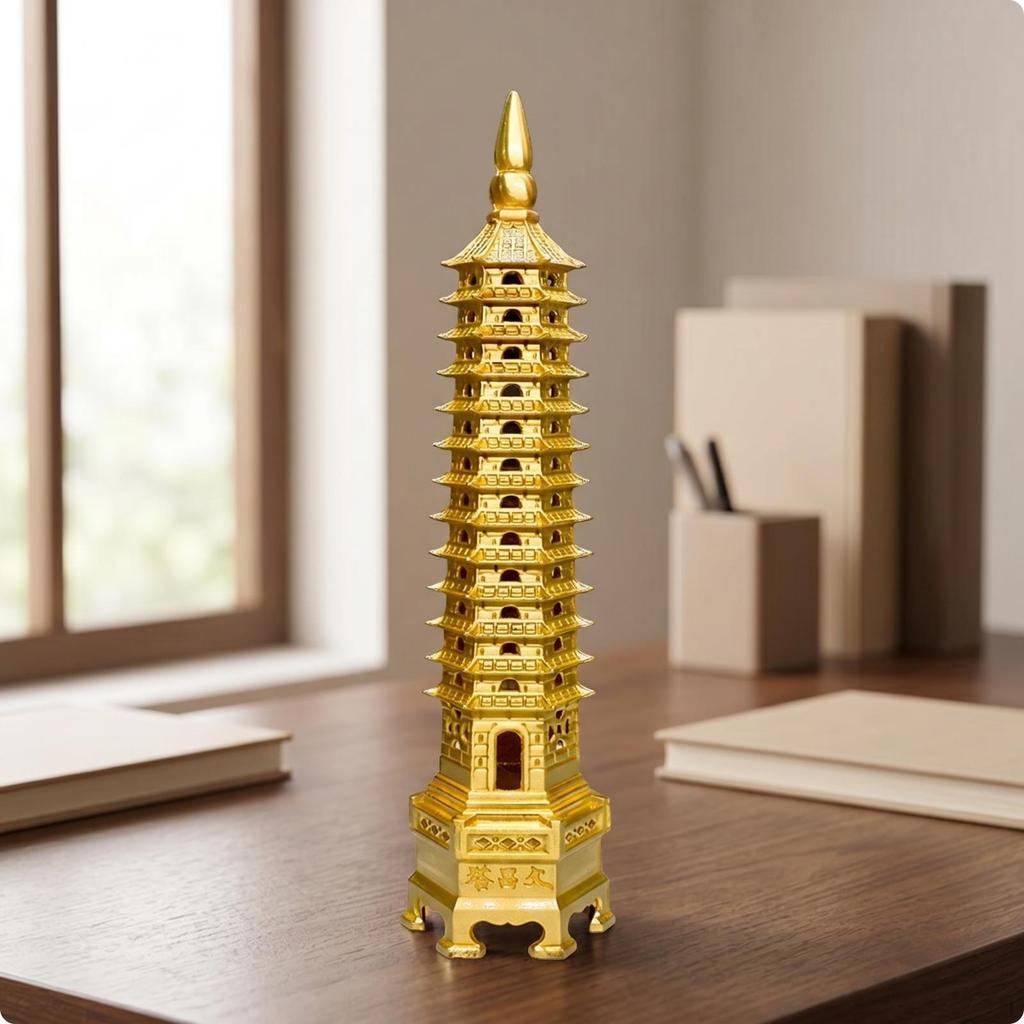 Copper Decorative Tower 13 Tier Pagoda Model Gold Metal Finish for Home Library