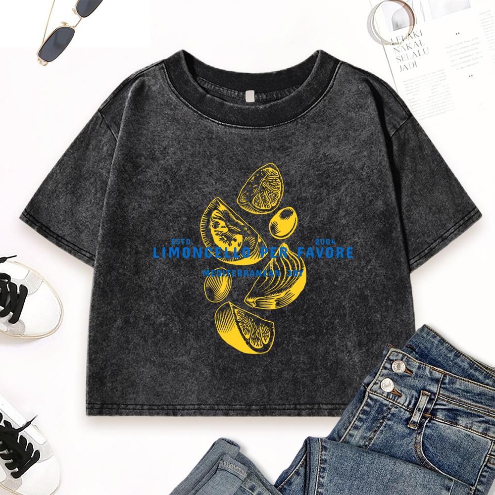 Lemon Cello Art Letter Printed Washed Crop T-Shirts Womens Multicolor Cotton T-Shirt Summer Slim Clothing Sport Tops