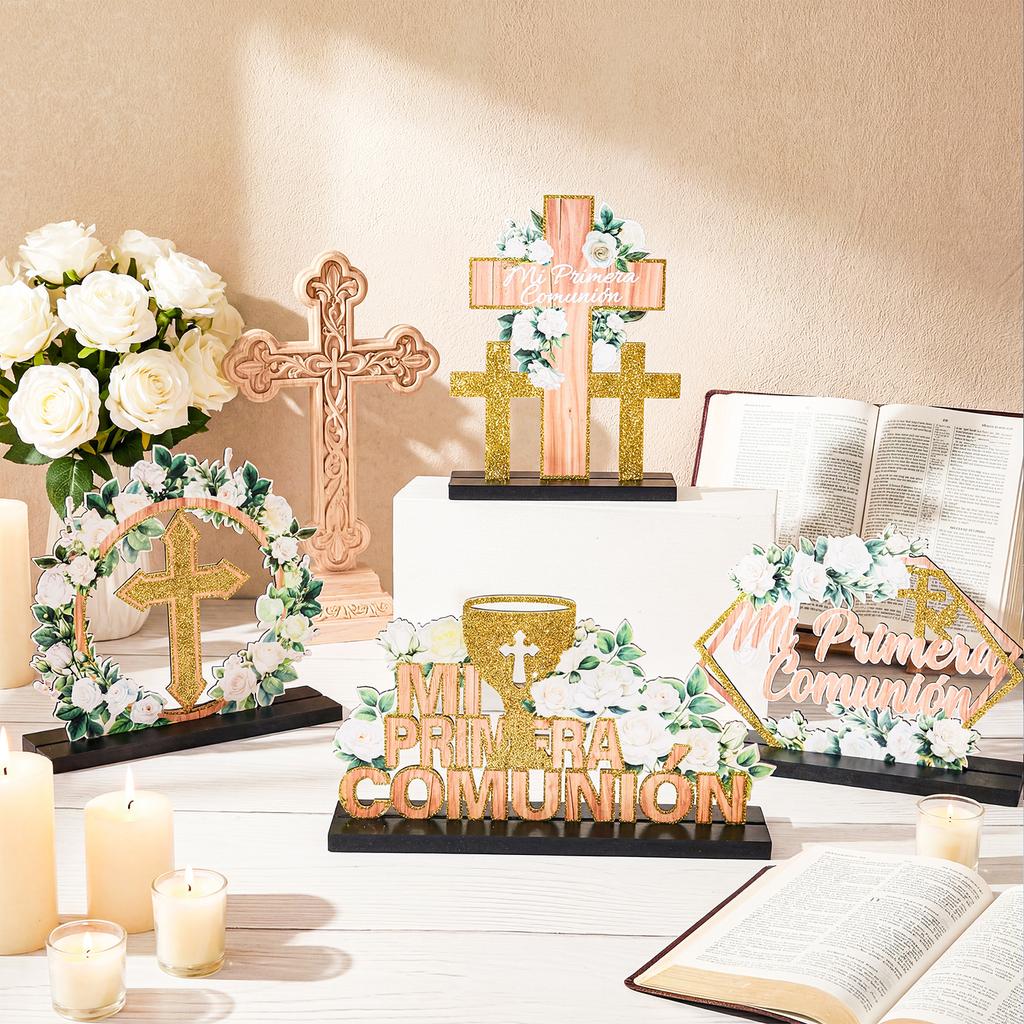 4 Pcs Mi Primera ComunióN Table Centerpieces Decoraciones Spanish Wooden First Holy Communion White Rose Gold Religious Cross Ba
