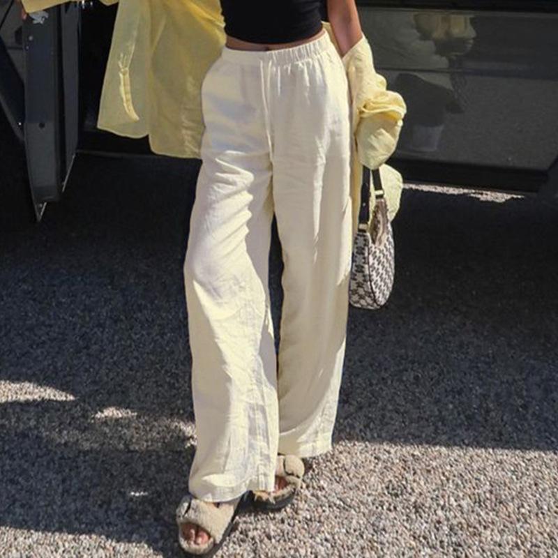 Summer Models Women's Home Daily Style Cotton Linen Drawstring Straight Basic Solid Colour Wide Leg Drape Spicy Low Waist Casual Trousers