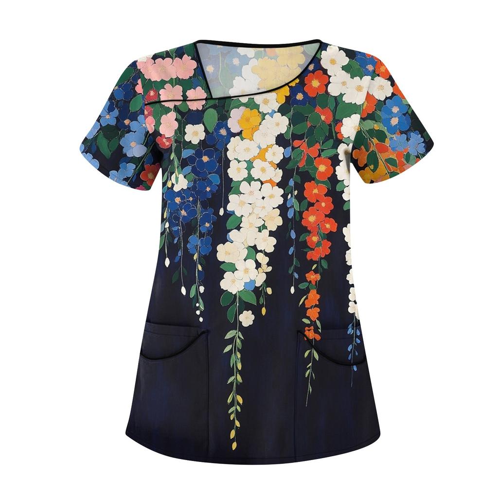 Damski swobodny top roboczy z krótkim rękawem i skośnym kołnierzem z nadrukiem i podwójnymi kieszeniami