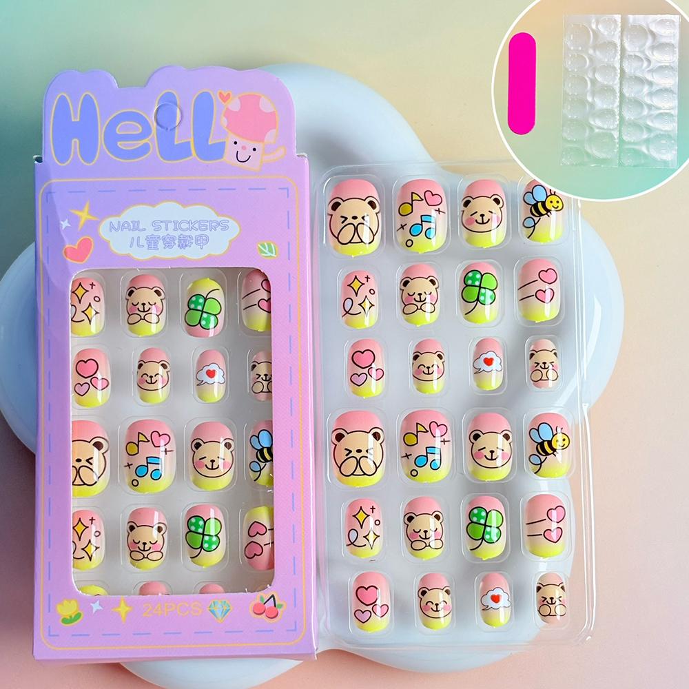 24pcs Kids' Cute Red Cherry/Rabbit/Carrot Press On Nails Cartoon Short Square Fake Nails Reusable Nails Decor with Glue & File