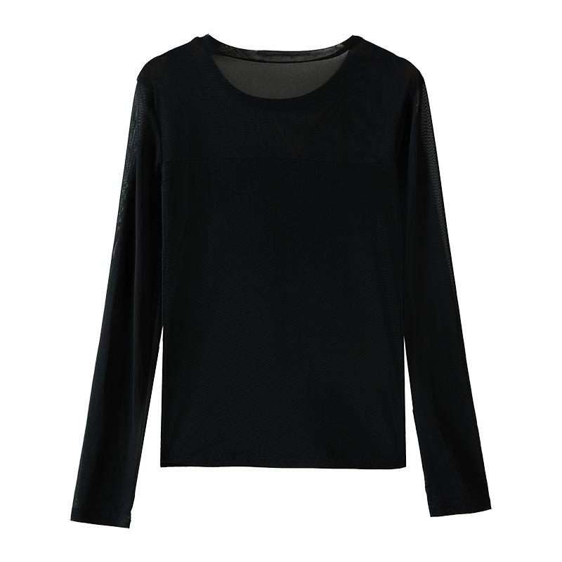 Autumn Winter Solid Mesh Patchwork T-shirt Women Round Neck Long Sleeve Casual Fashion Bottomed Tee Top