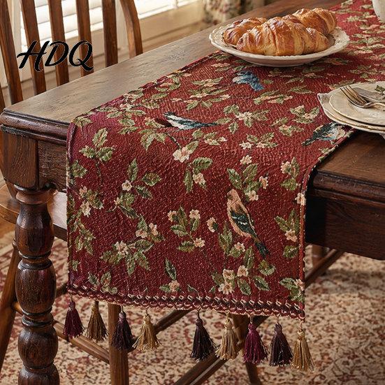 Soft Fabric Table Runner Floral Jacquard Runner Flower Bird Leaf Vintage Elegant