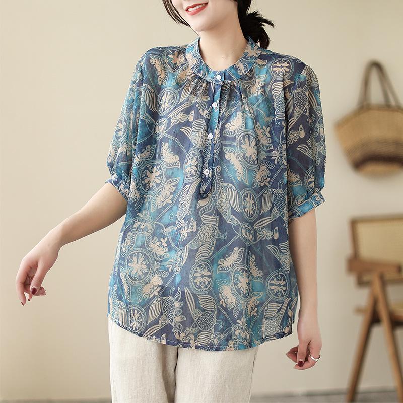 

Винтажная блузка из шифона с принтом и воротником-стойкой для женщин - Летняя, свободного кроя, с защитой от солнца, пуловер на пуговицах Medium